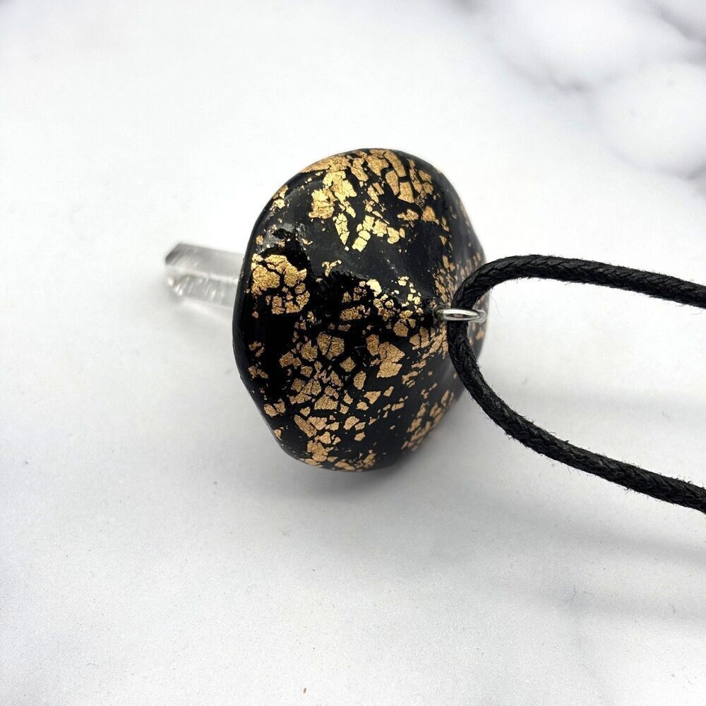 Black Mushroom Necklace with Quartz Crystal | Gold Leaf Polymer Clay Pendant - Picture 8 of 10